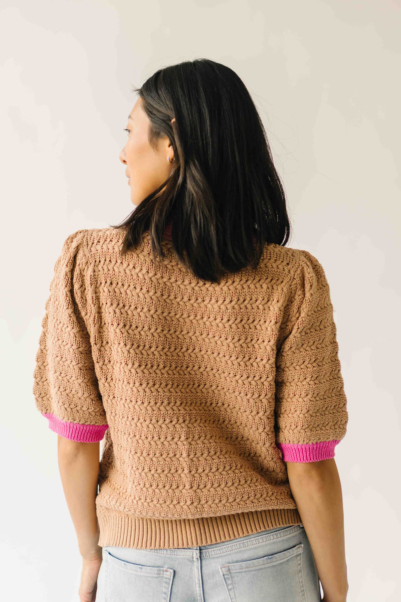 The Richey Bow Cardigan in Mocha + Pink
