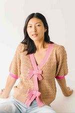 The Richey Bow Cardigan in Mocha + Pink
