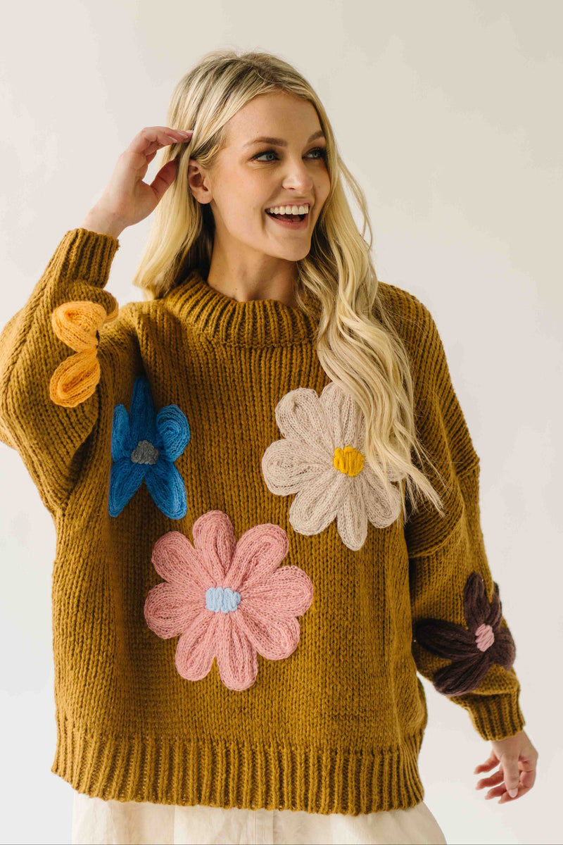 The Dorlando Knit Floral Sweater in Camel
