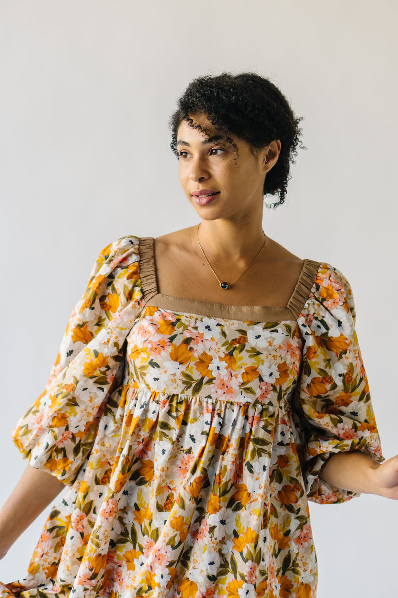 The Penner Square Neck Floral Midi Dress in Rust