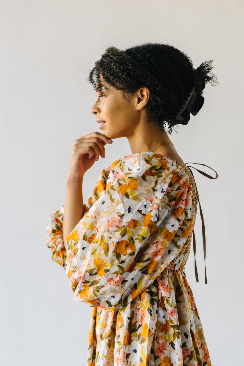 The Penner Square Neck Floral Midi Dress in Rust