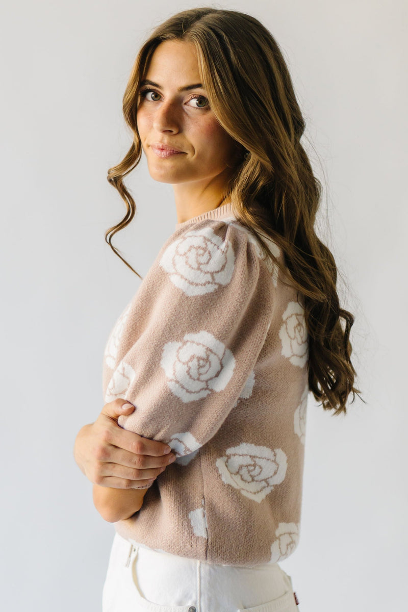 The Batten Floral Print Puff Sleeve Sweater in Taupe