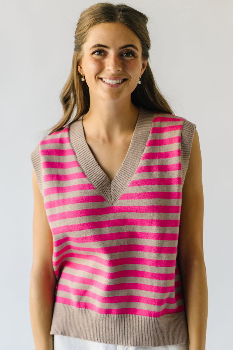 The Patton Striped Sweater Vest in Mocha + Fuchsia