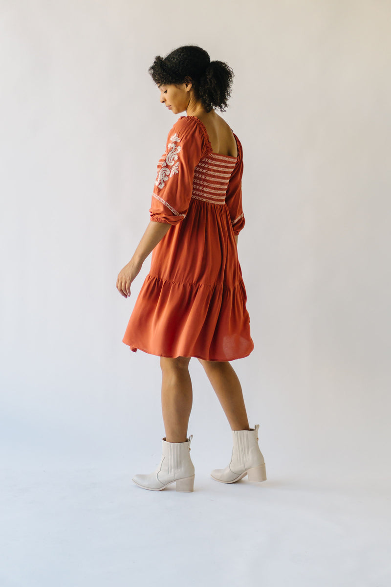 The Gorris Embroidered Peasant Dress in Rust