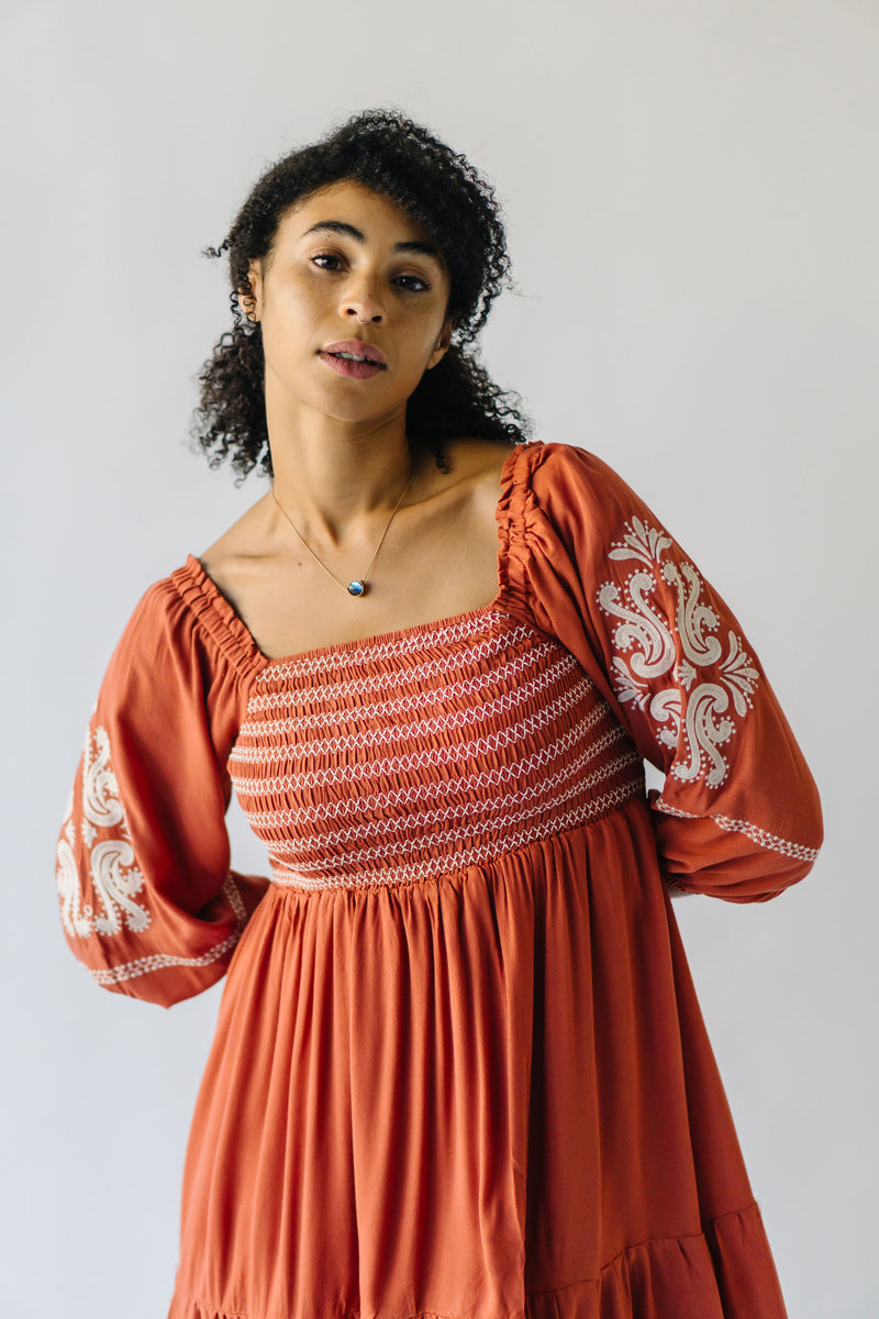 The Gorris Embroidered Peasant Dress in Rust