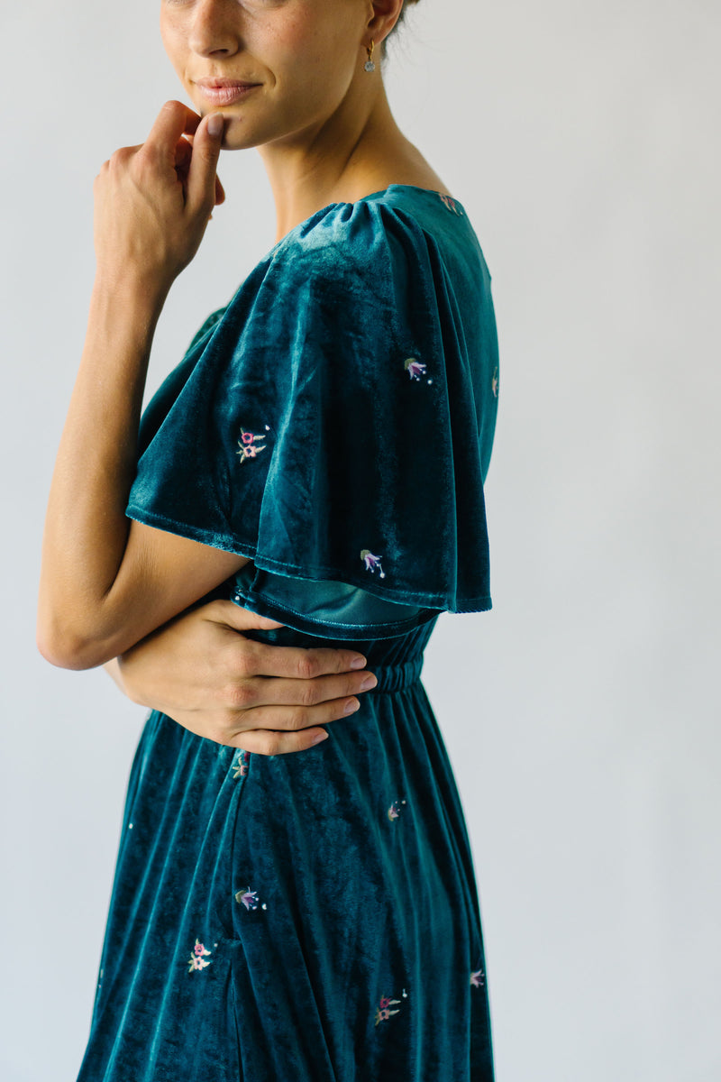 The Rosado Floral Embroidered Velvet Midi Dress in Emerald