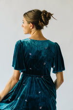 The Rosado Floral Embroidered Velvet Midi Dress in Emerald