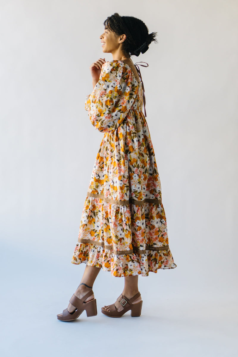 The Penner Square Neck Floral Midi Dress in Rust