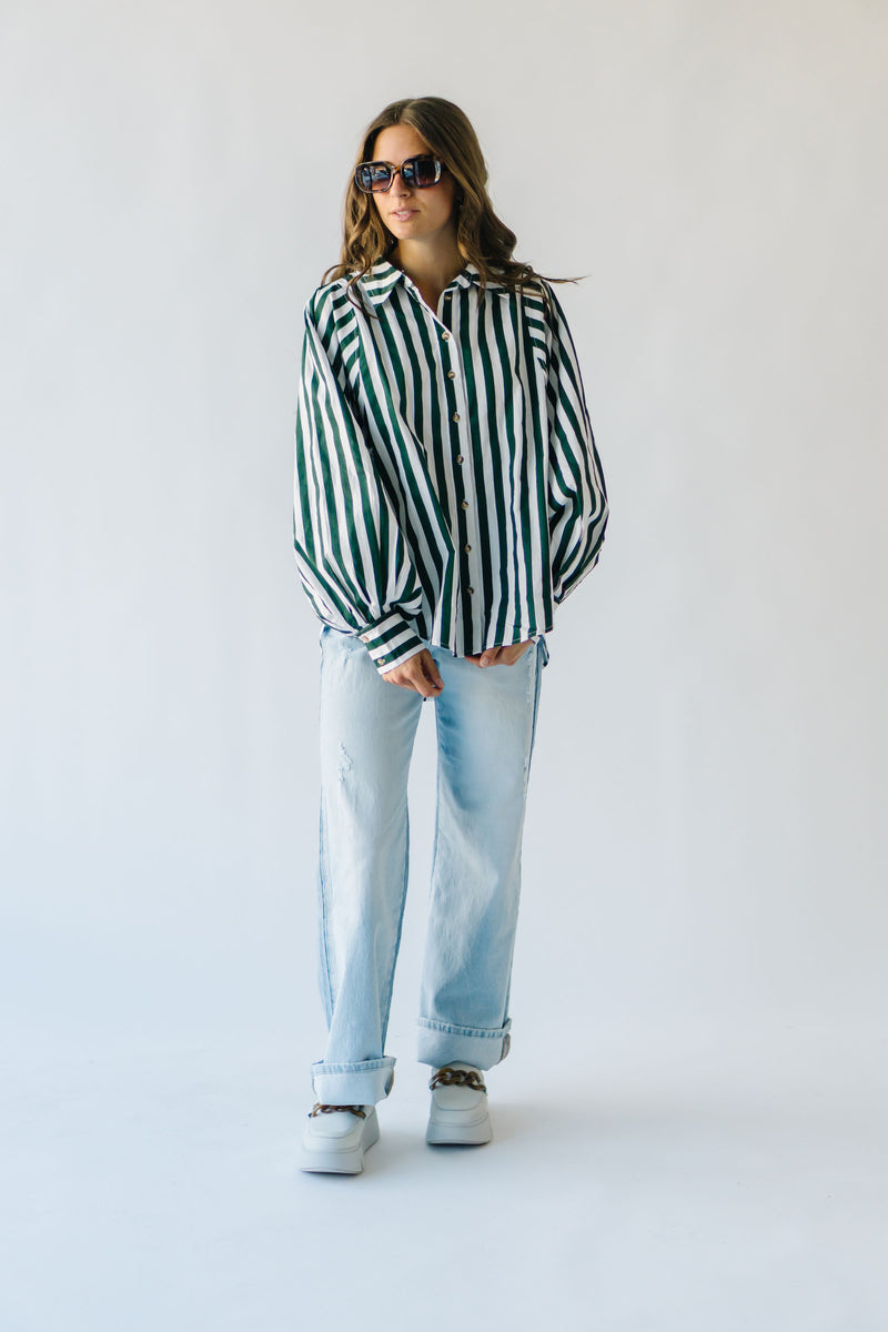 The Osuna Striped Button-Up Blouse in Hunter Green