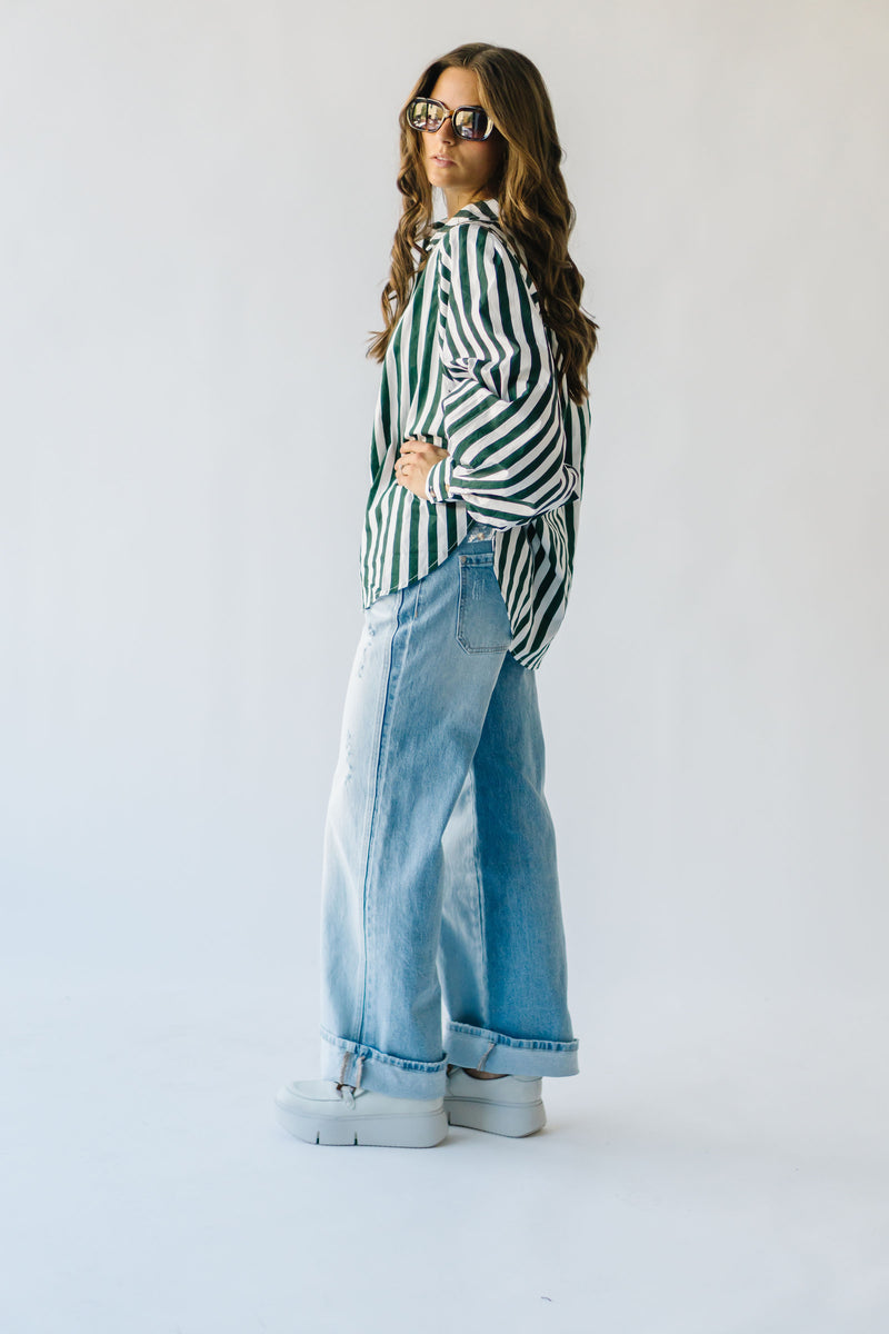 The Osuna Striped Button-Up Blouse in Hunter Green