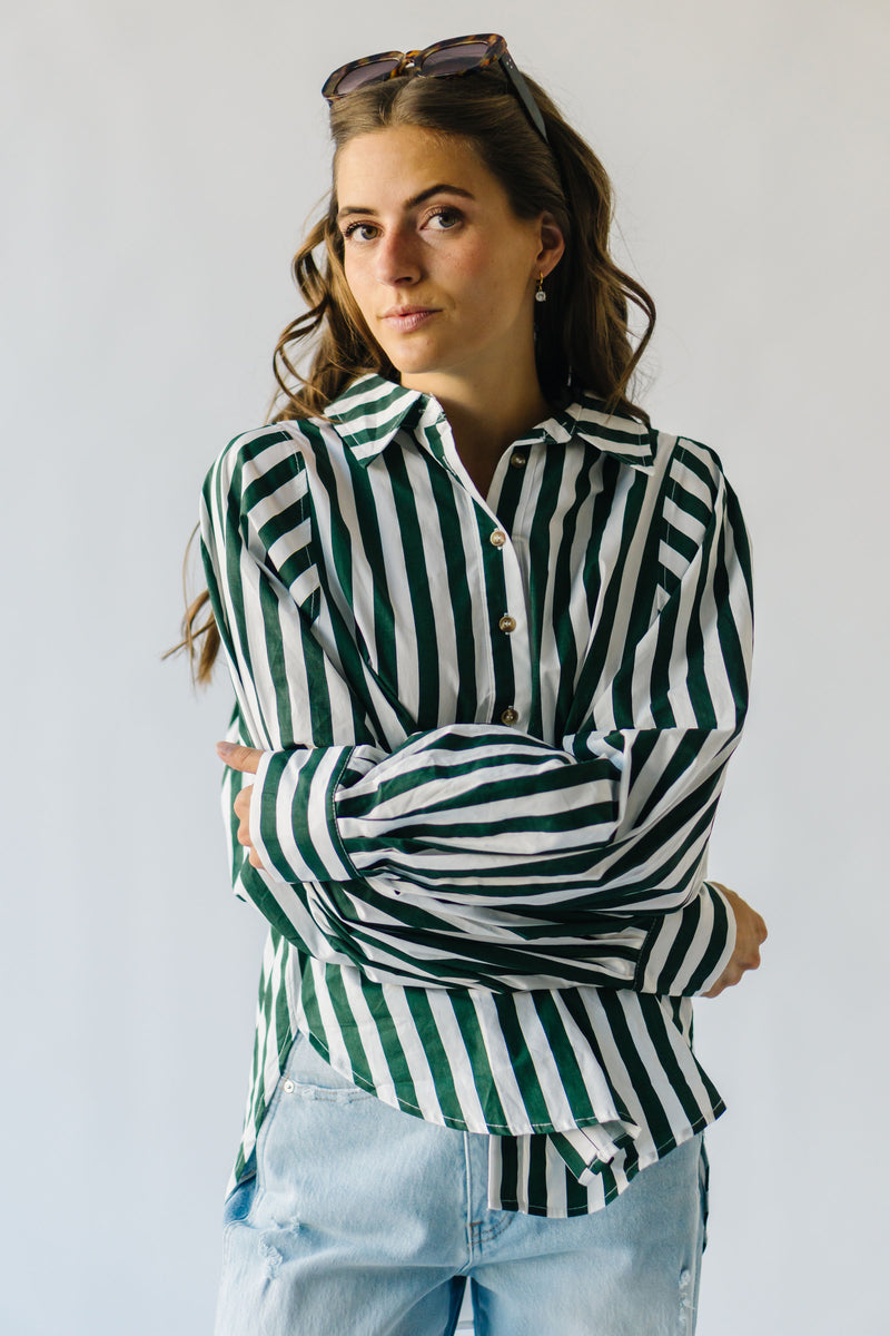 The Osuna Striped Button-Up Blouse in Hunter Green