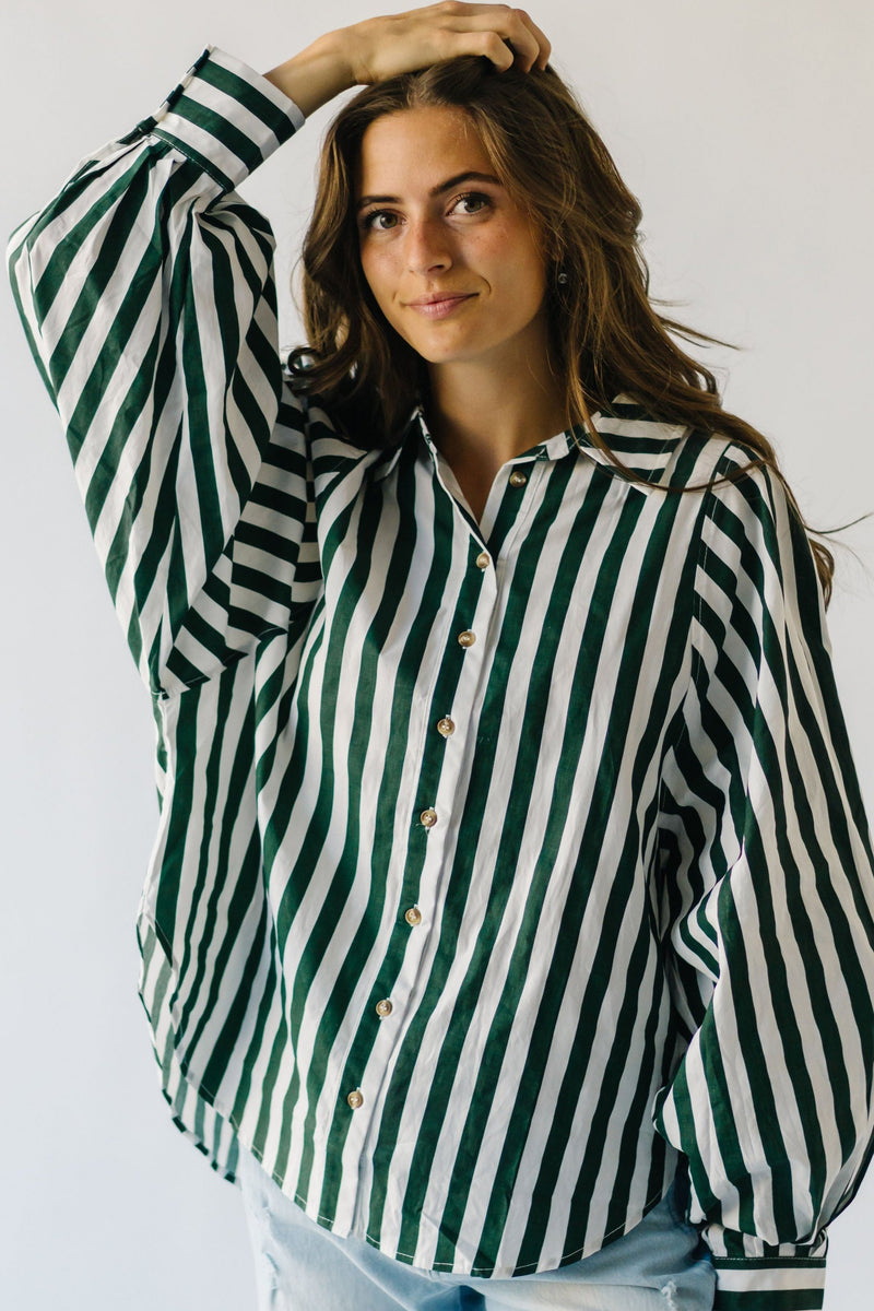 The Osuna Striped Button-Up Blouse in Hunter Green