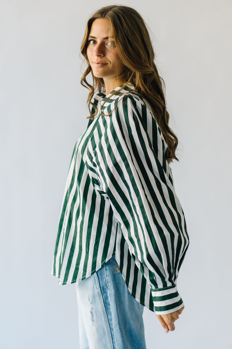 The Osuna Striped Button-Up Blouse in Hunter Green