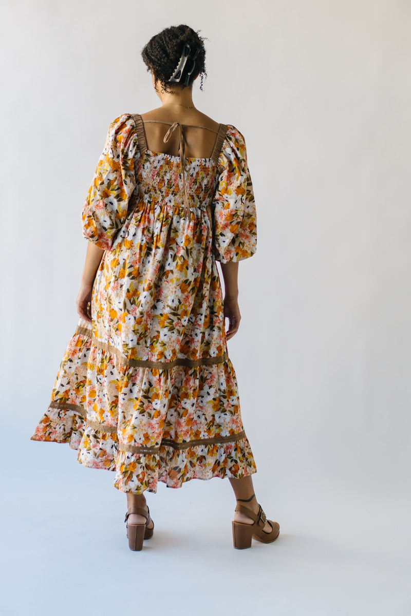 The Penner Square Neck Floral Midi Dress in Rust