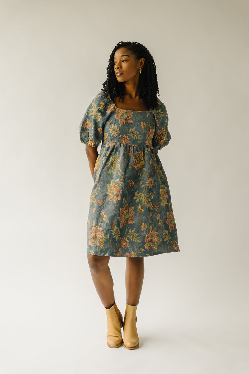The Connerton Bubble Sleeve Dress in Dusty Blue Floral