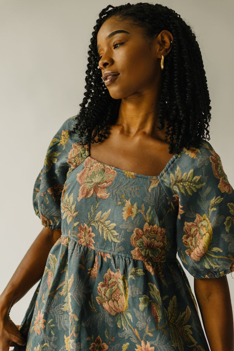 The Connerton Bubble Sleeve Dress in Dusty Blue Floral