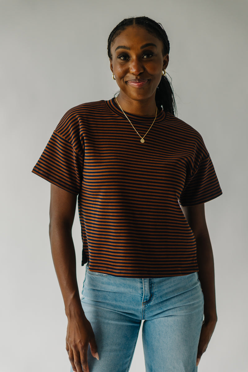 The Pembroke Striped Basic Tee in Brown + Navy