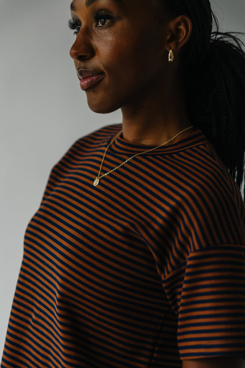 The Pembroke Striped Basic Tee in Brown + Navy