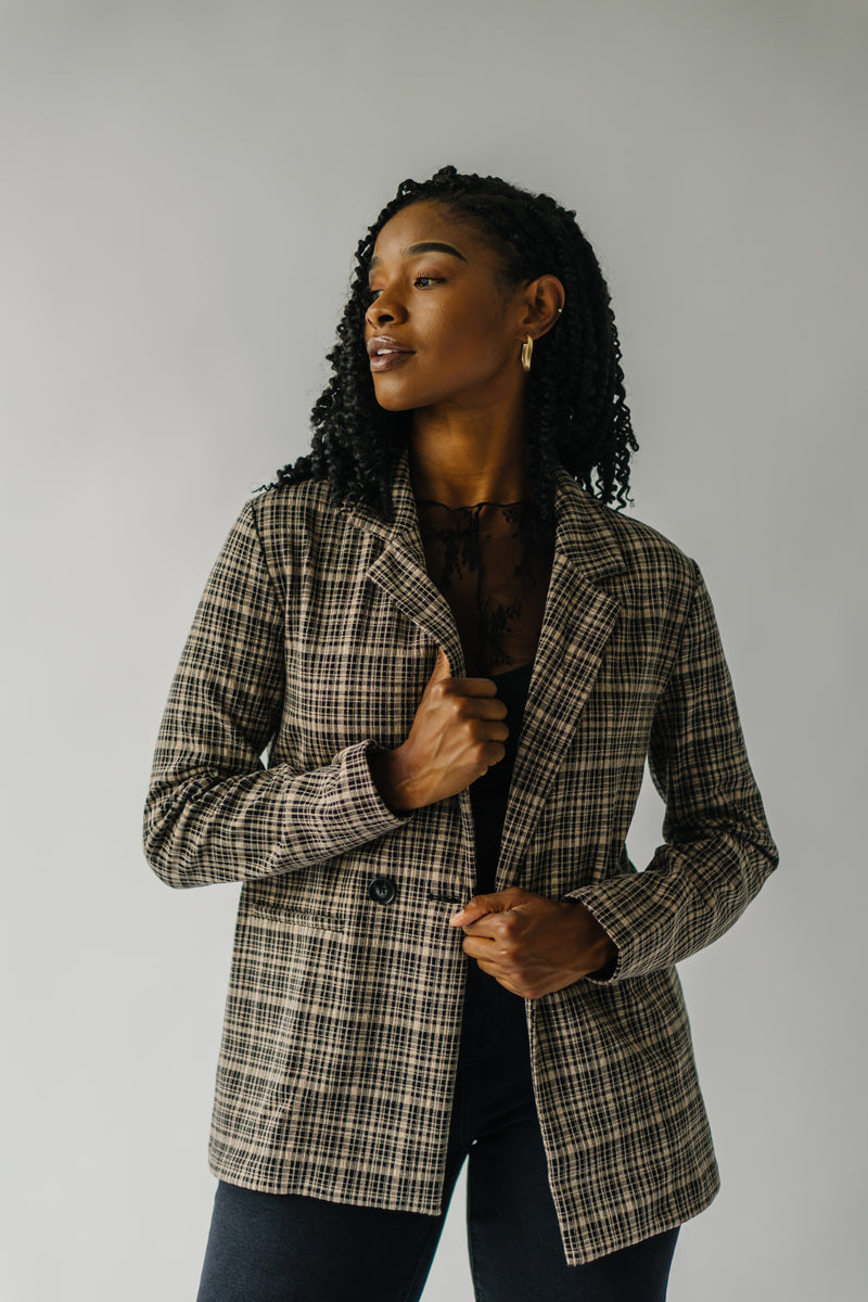 The Seaford Knit Blazer in Black + Taupe Plaid
