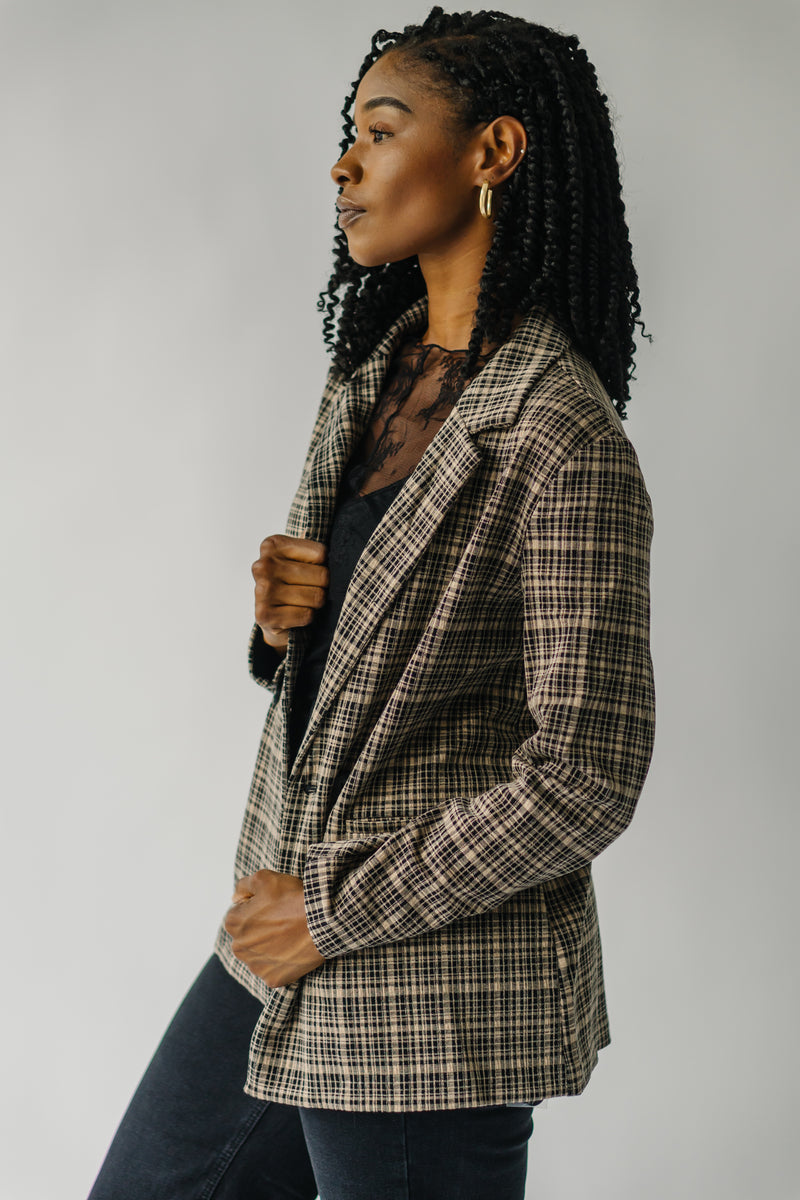 The Seaford Knit Blazer in Black + Taupe Plaid