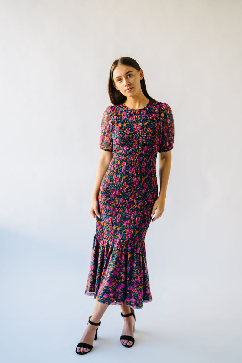 The Jacklin Smocked Floral Dress in Black Multi