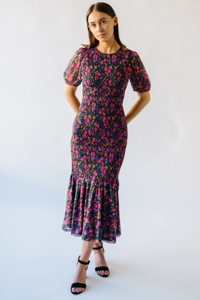 The Jacklin Smocked Floral Dress in Black Multi