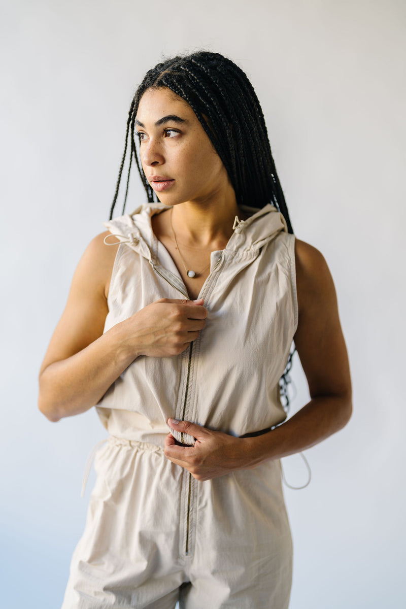 The Calvert Drawstring Hooded Jumpsuit in Tan