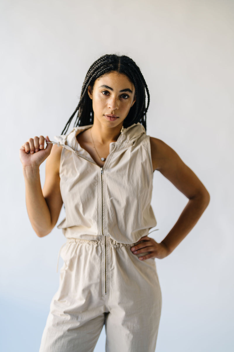 The Calvert Drawstring Hooded Jumpsuit in Tan