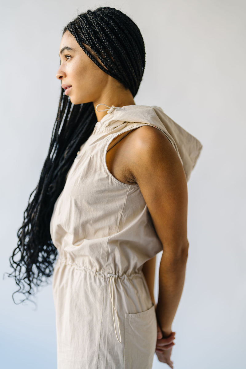 The Calvert Drawstring Hooded Jumpsuit in Tan