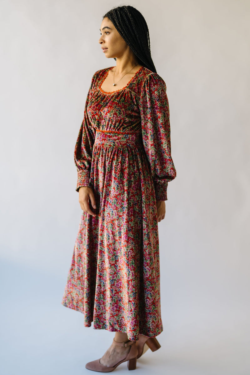 The Jaydin Floral Velvet Midi Dress in Brick Multi