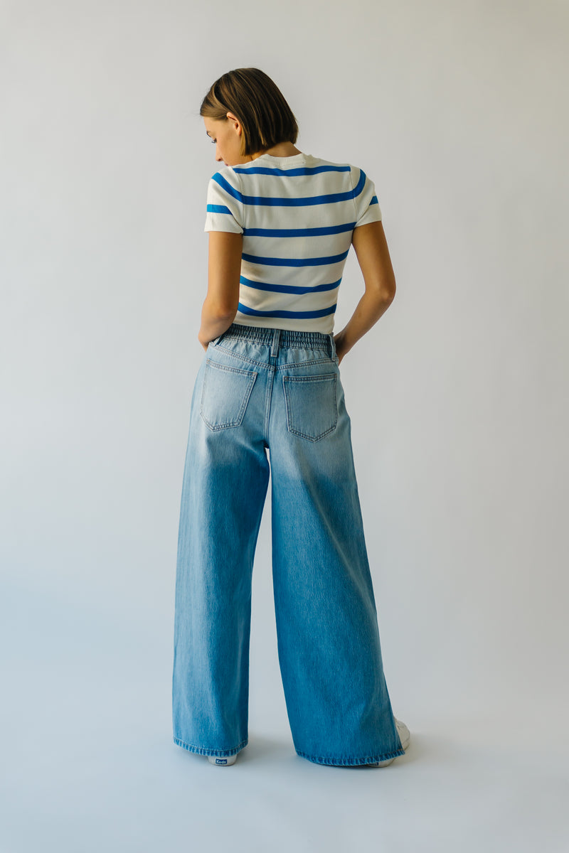 High Waist Boyfriend Fit Medium Blue Denim Jeans Slit Side Front