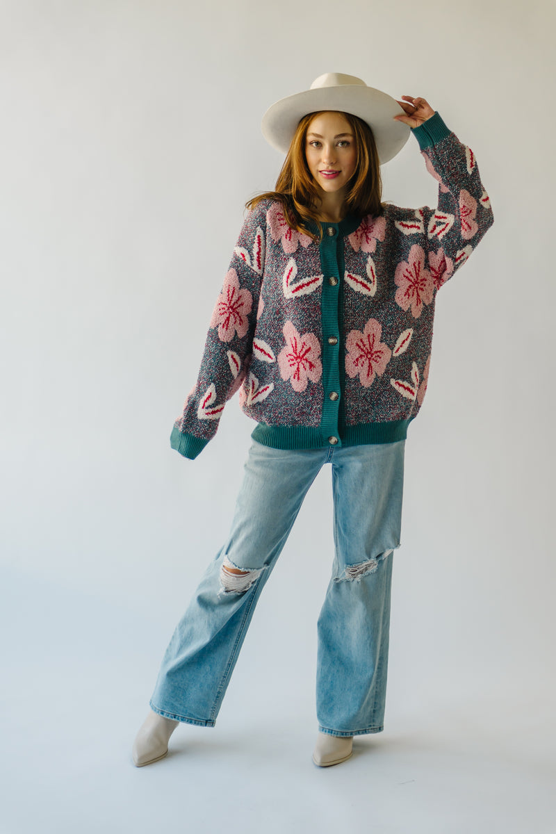 The Juno Floral Cardigan in Dusty Blue