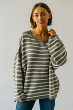 The Cypress Drop Shoulder Sweater in Grey + White Stripe