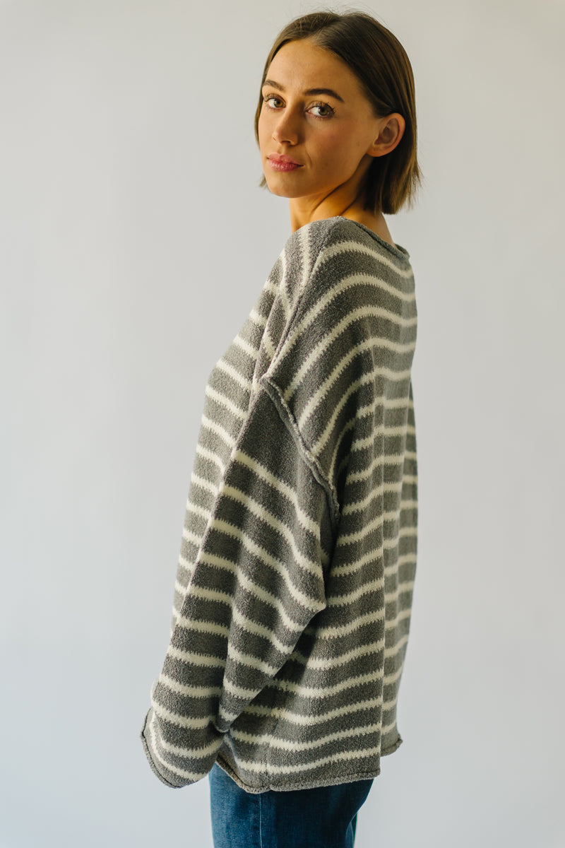 The Cypress Drop Shoulder Sweater in Grey + White Stripe