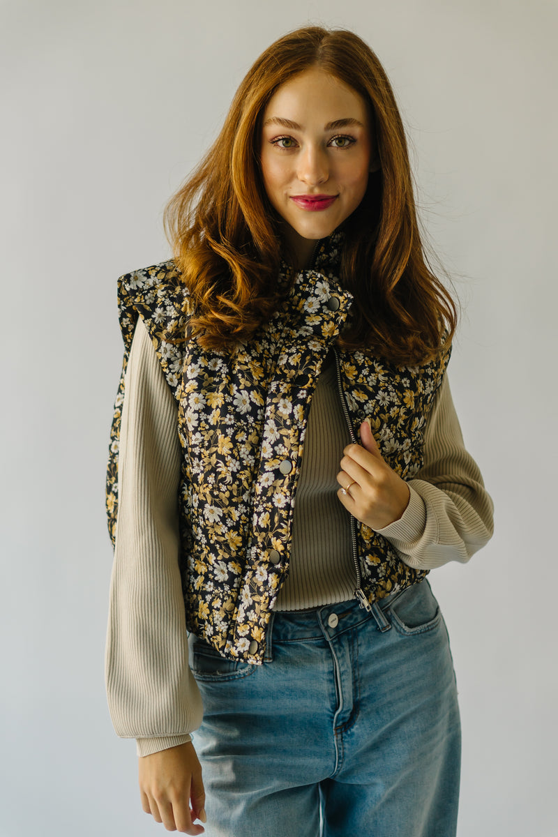 The Haller Floral Paisley Puffer Vest in Black