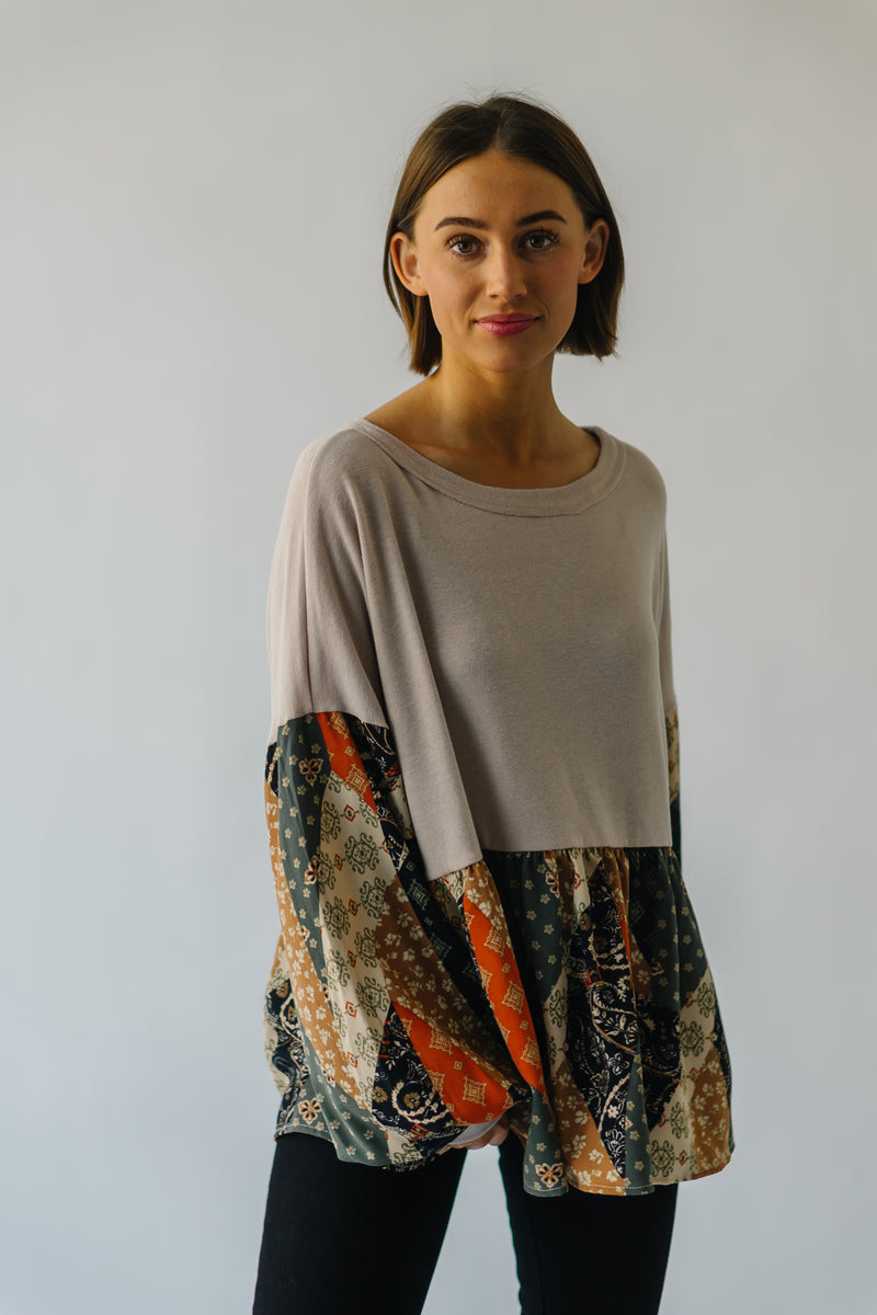 The Avalon Bubble Sleeve Blouse in Taupe + Rust