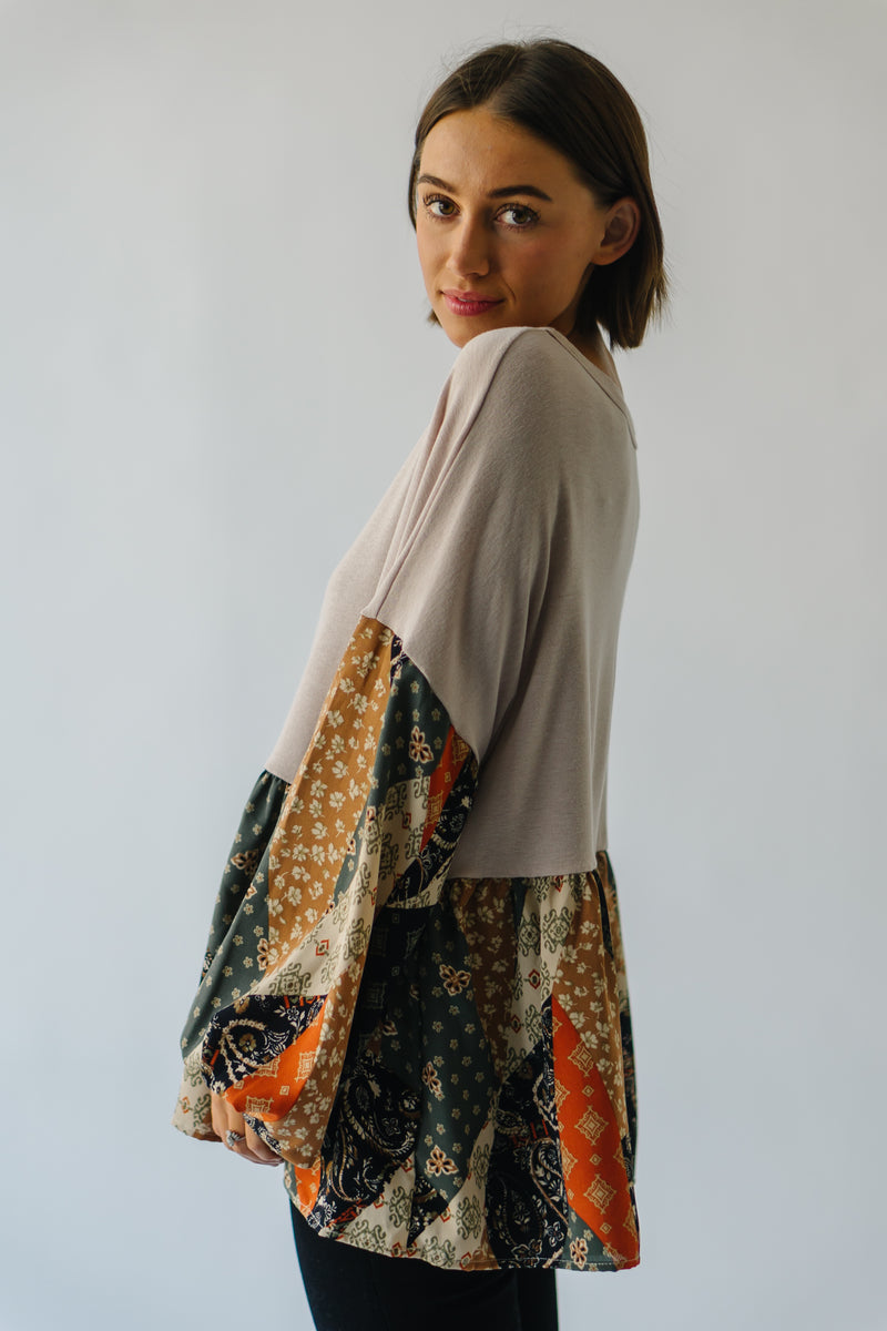 The Avalon Bubble Sleeve Blouse in Taupe + Rust