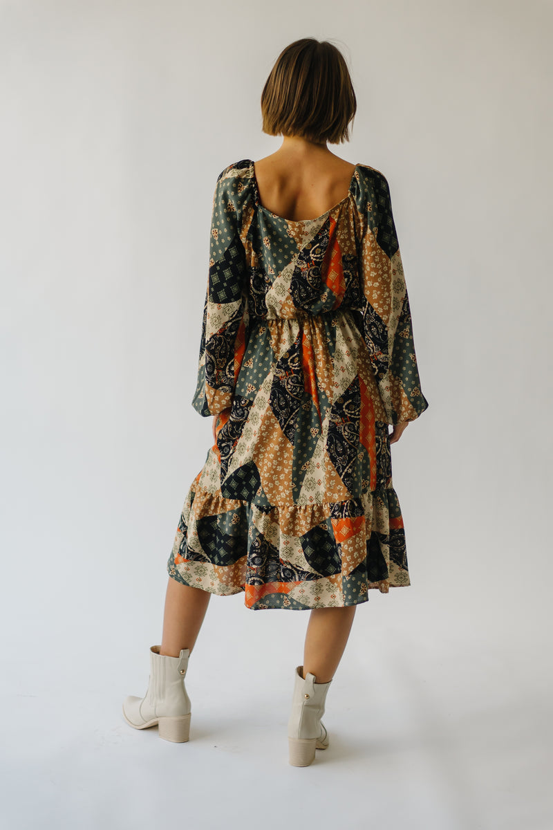 The Hawthorne Bubble Sleeve Midi Dress in Taupe Multi