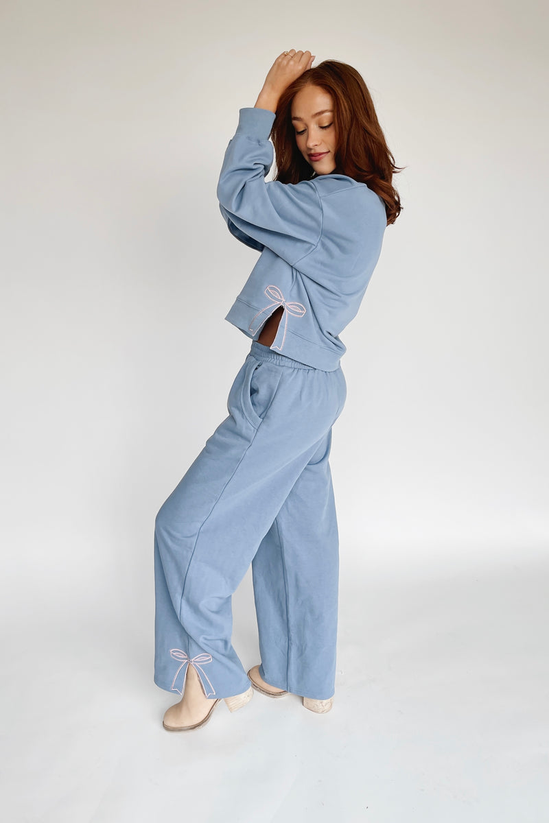 The Stevison Bow Embroidered Pant in Dusty Blue