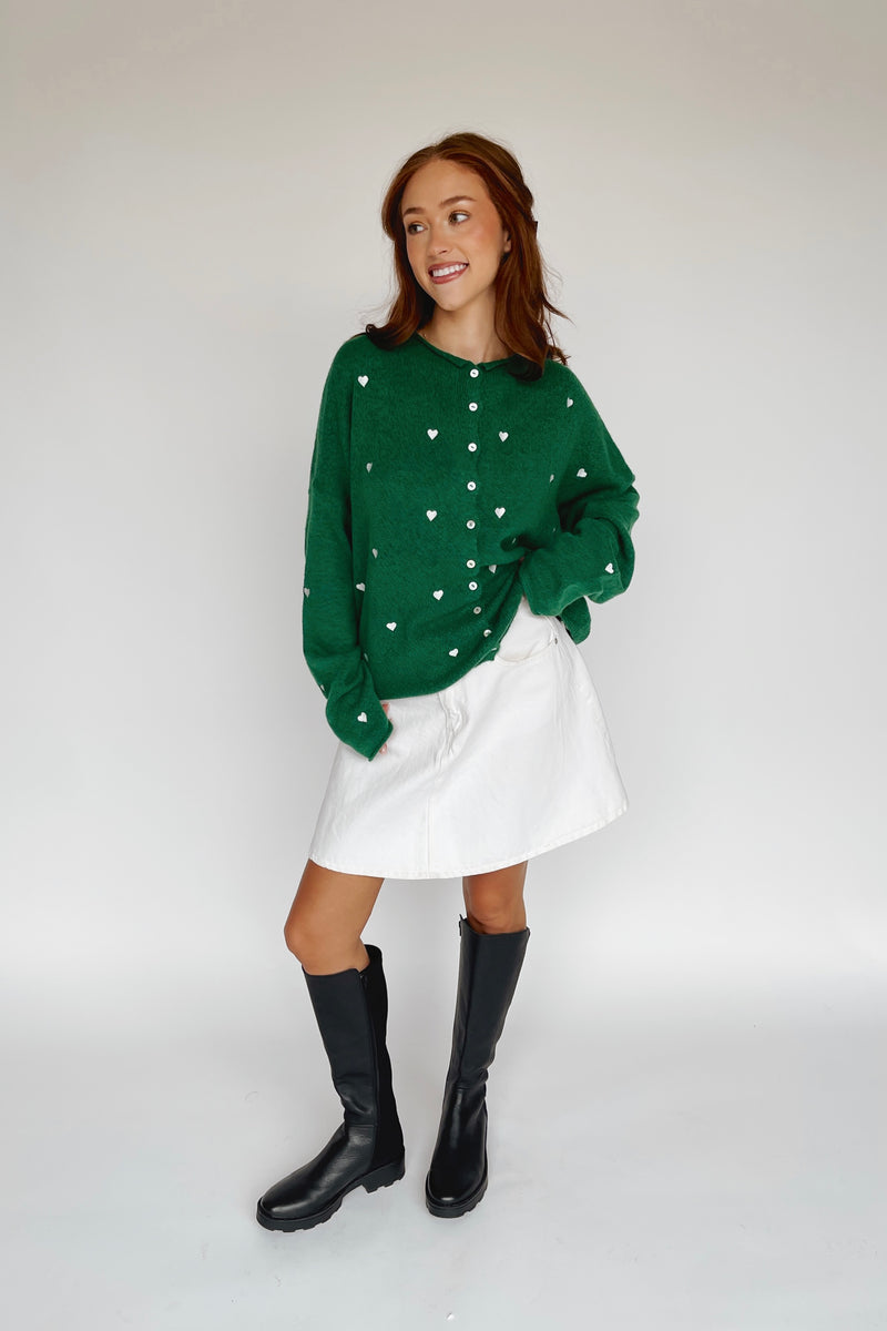 The Riggs Heart Embroidered Button-Down Sweater in Kelly Green + White