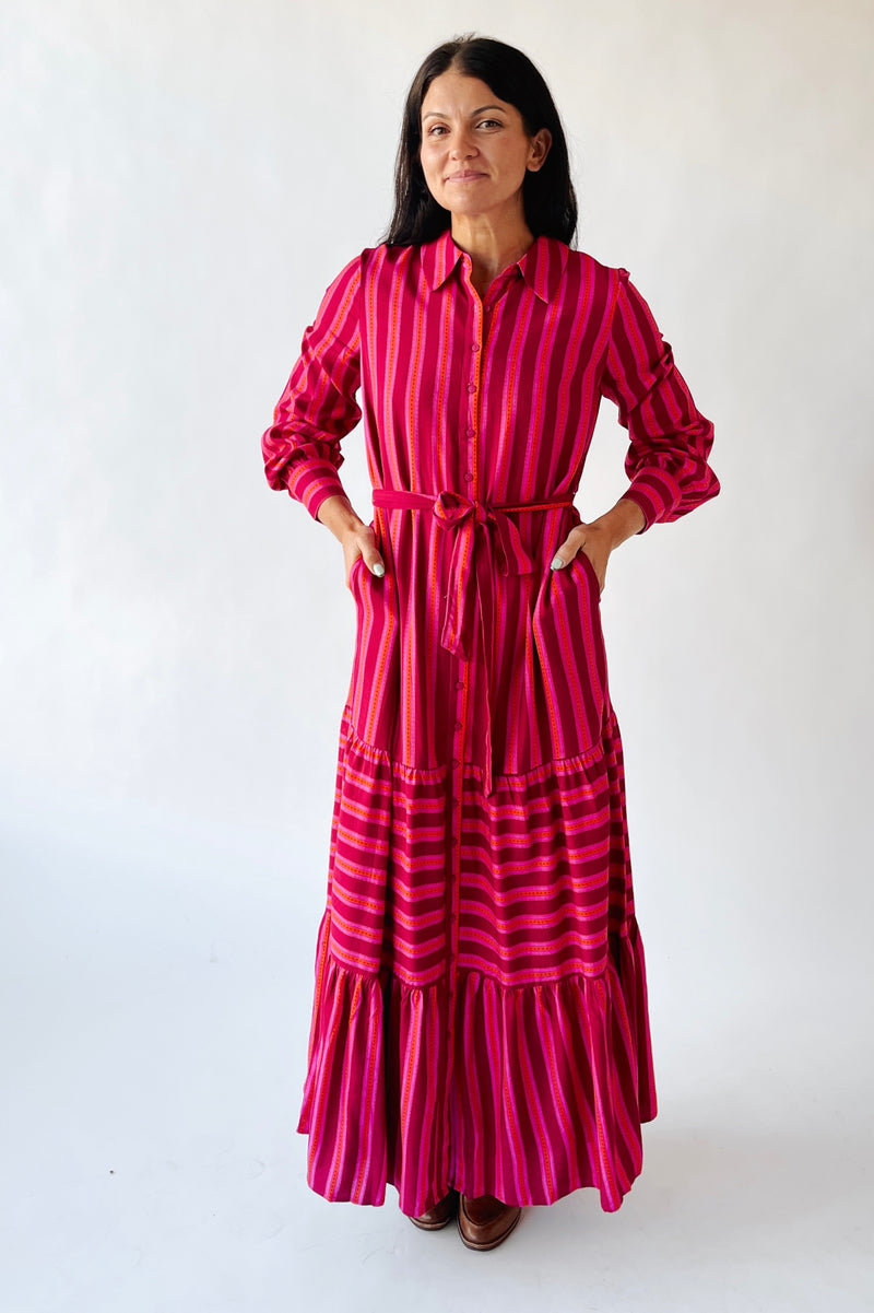 The Clarisa Striped Button-Up Maxi Dress in Fuchsia + Orange