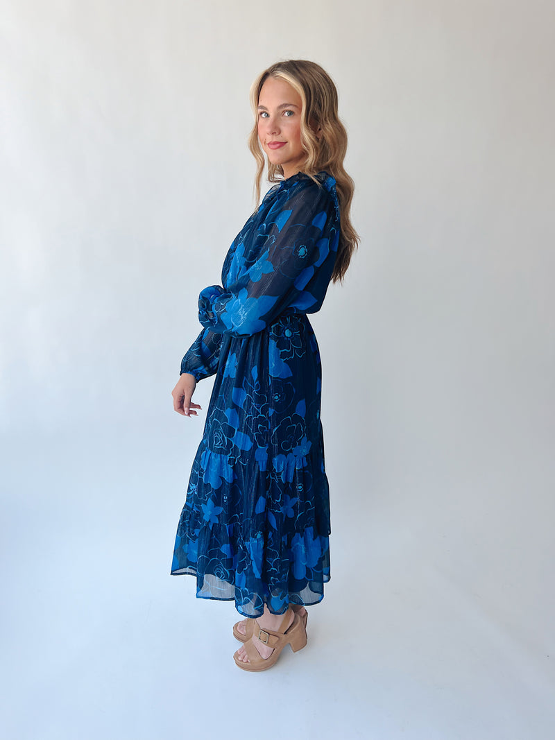 The Kristen Floral Midi Dress in Navy + Blue