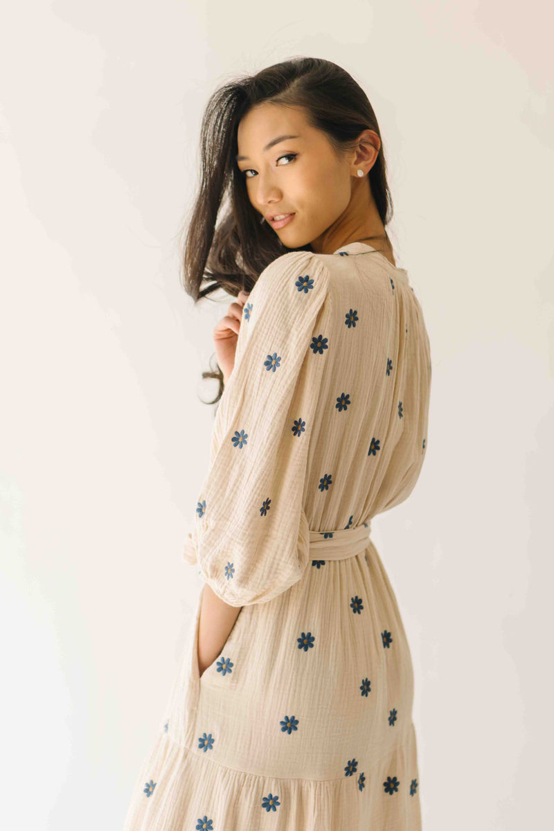 The Odette Printed Floral Midi Dress in Natural + Navy