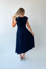 The Malta Shirred Bodice Midi Dress in Navy
