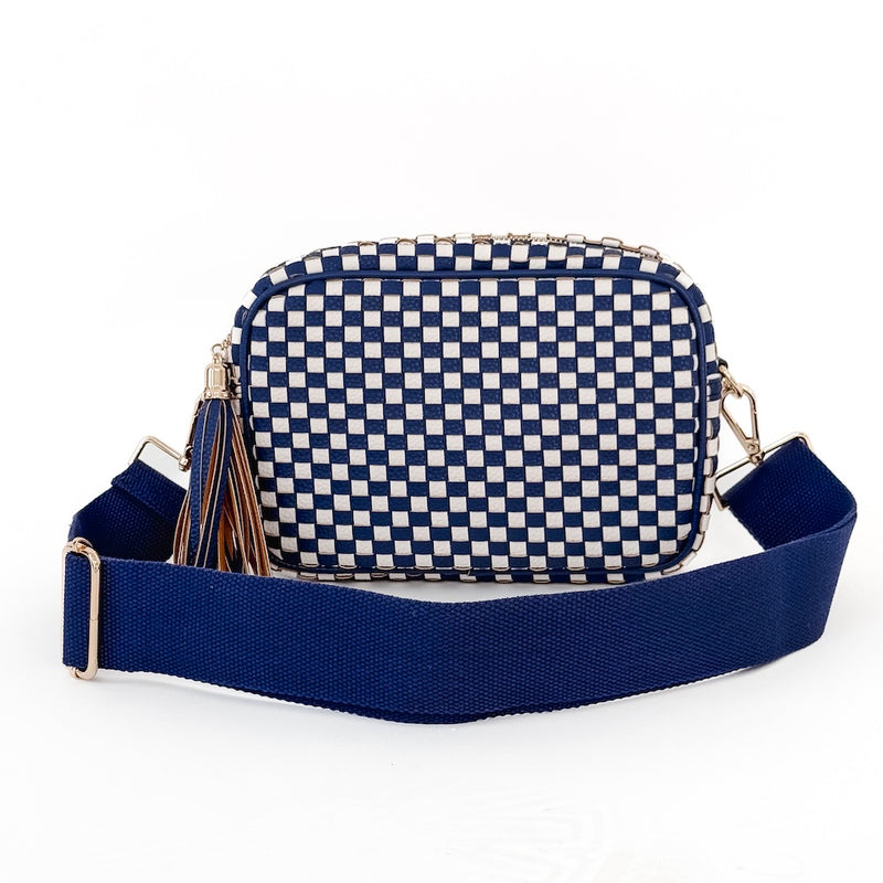 The Woven Willow Camera Crossbody Bag in Checkered Navy