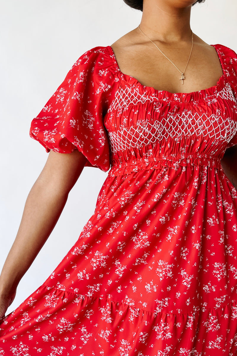 The Danika Bubble Sleeve Maxi Dress in Red Multi