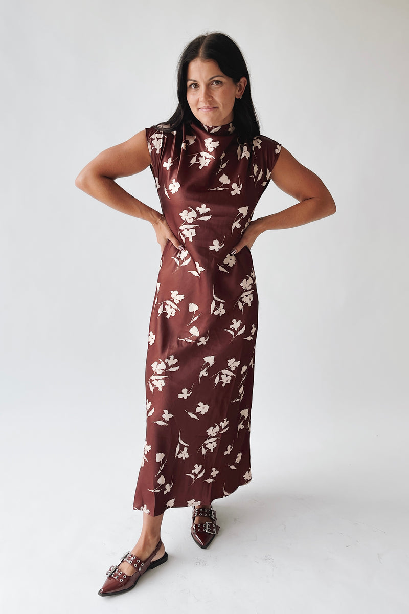 The Kendi Satin Mock Neck Maxi Dress in Brick