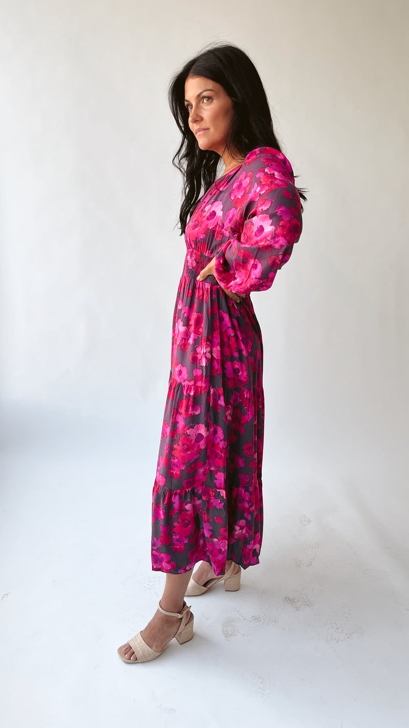 The Oscar Floral Midi Dress in Ruby Plum