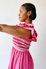 The Blaire Crochet Bodice Midi Dress in Pink