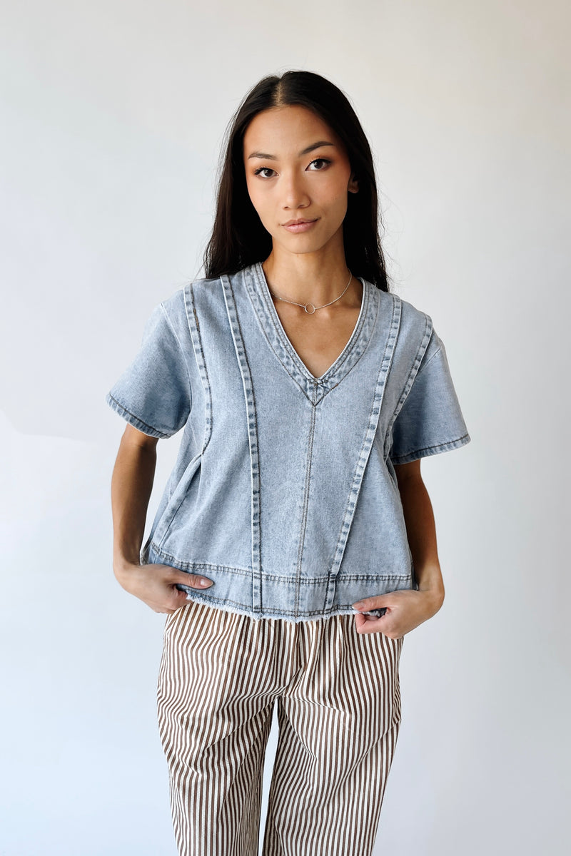 The Kirby V-Neck Blouse in Light Denim